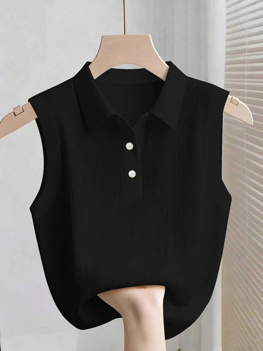 GlowEve CURVE Plus Size Women Summer Casual Daily Commute Minimalist Solid Color Ribbed Knit Polo Neck Tank Top - Black - View 1