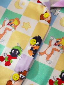 LOONEY TUNES X SHEIN Bộ áo và quần short in họa tiết bàn cờ hoạt hình cho bé gái - Màu vàng - Xem 5