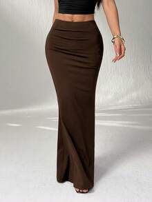 SHEIN EZwear Plus Size Women Elegant Elegent Dark Brown Mermaid Skirt Evening Party Summmer - Brown - View 5