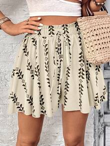 Wandoria Women's Drawstring Waist Geometric Print Casual Versatile Daily Wear Shorts - Apricot - View 3