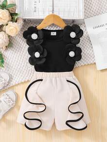 Girls' Sweet Design Set, Spring/Summer, 3D Flower & Pearl Decor Sleeveless Top + Contrast Ruffle Hem Shorts, 2pcs Set, Casual, Party, Daily Wear - Black - View 11