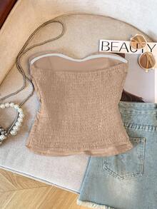 Top de mujer elegante con efecto de mezclilla, decoración de botones y drapeado - Caqui - Ver 6