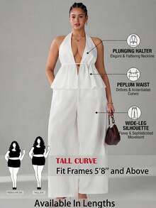 SHEIN Tall CURVE Bộ đồ 2 mảnh thời trang dành cho nữ cỡ lớn, màu trơn, có bèo nhún ở gấu, kiểu áo yếm hở lưng và quần. - trắng - Xem 1