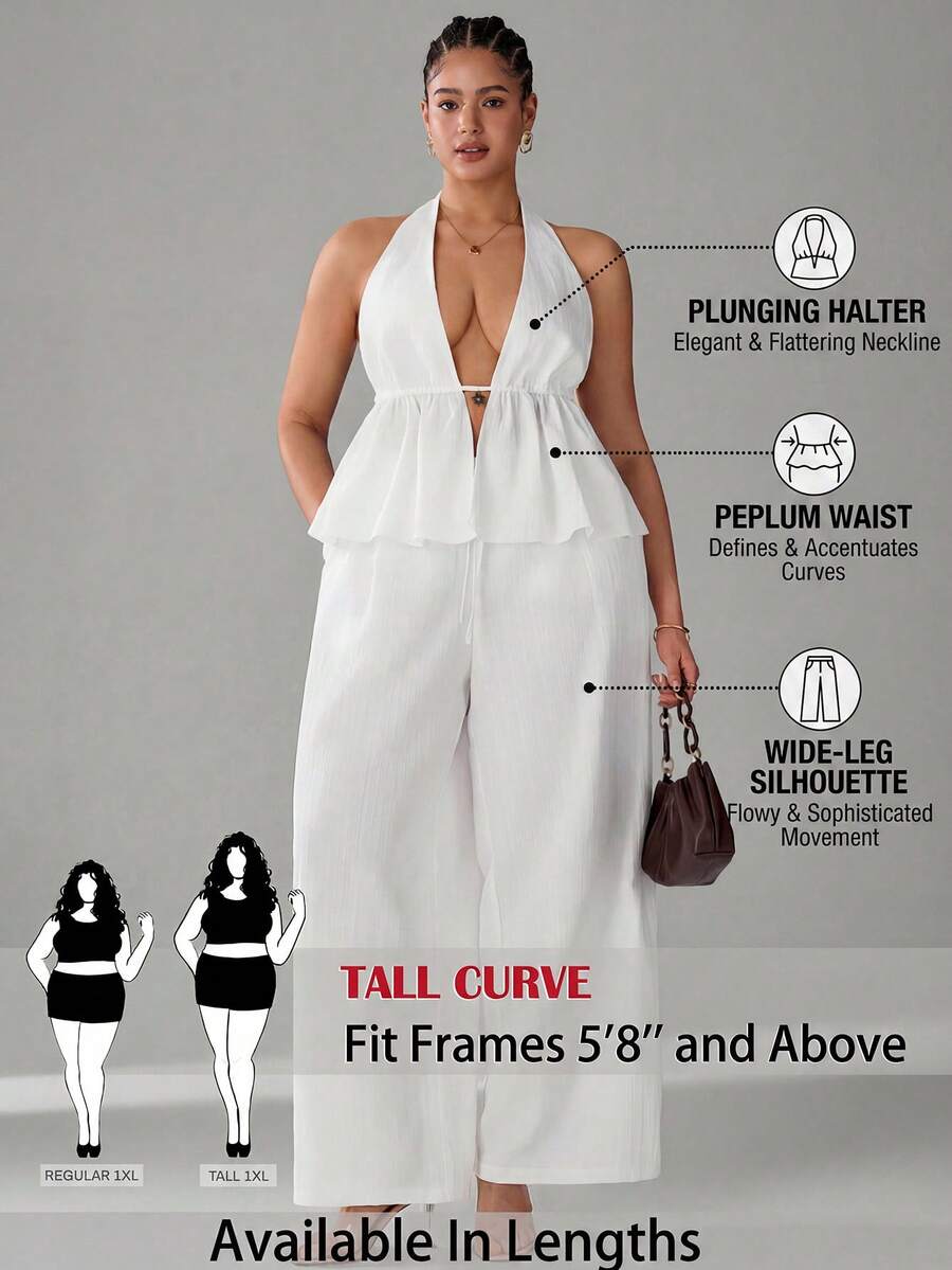 SHEIN Tall CURVE Bộ đồ 2 mảnh thời trang dành cho nữ cỡ lớn, màu trơn, có bèo nhún ở gấu, kiểu áo yếm hở lưng và quần. - trắng - Xem 1