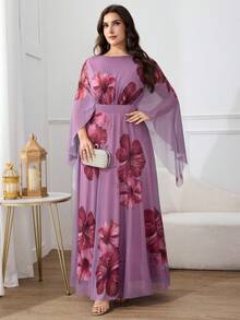 Modelyn 大码优雅印花披肩袖连衣裙，适合派对穿着 - 彩色 - 查看 5