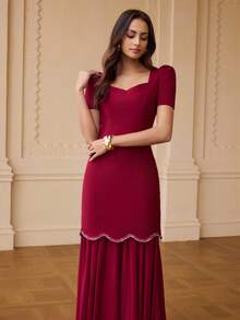 ZEYLAH Đầm ôm dáng thanh lịch tối giản cổ khoét hình giọt nước tay cánh hoa vạt đuôi cá dành cho nữ, thích hợp cho mùa hè. - Màu Đỏ Sâu - Xem 4