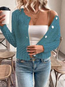 Áo khoác cardigan nữ cổ tròn khoét lỗ cài nút phía trước, áo len dệt kim mùa thu/đông. - Màu xanh lam - Xem 4