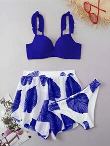 SHEIN Swim 夏日海灘3入組葉子印花Push Up比基尼和連體短褲 - 寶藍色 - 查看 3