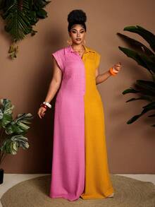 Maweii Plus Size Color Block Half-Zip Lapel Wide Leg Jumpsuit Brunch Formal Pink Summer Casual - Multicolor - View 3