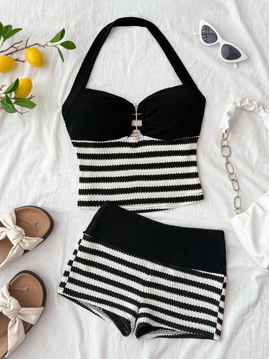 SHEIN Kids & Teen Girls Ribbed Knit Striped Crop Tank Top And Short Shorts Co-Ord Set,Black And White,Summer,Vacation,Holiday,Halter Neck Metal Buckle Decor - Black and White - View 1