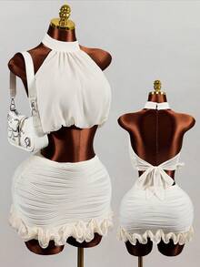 Minifalda ajustado con dobladillo de volantes plisados para mujer, adecuada para vacaciones, citas y festivales de música en verano - Albaricoque - Ver 3