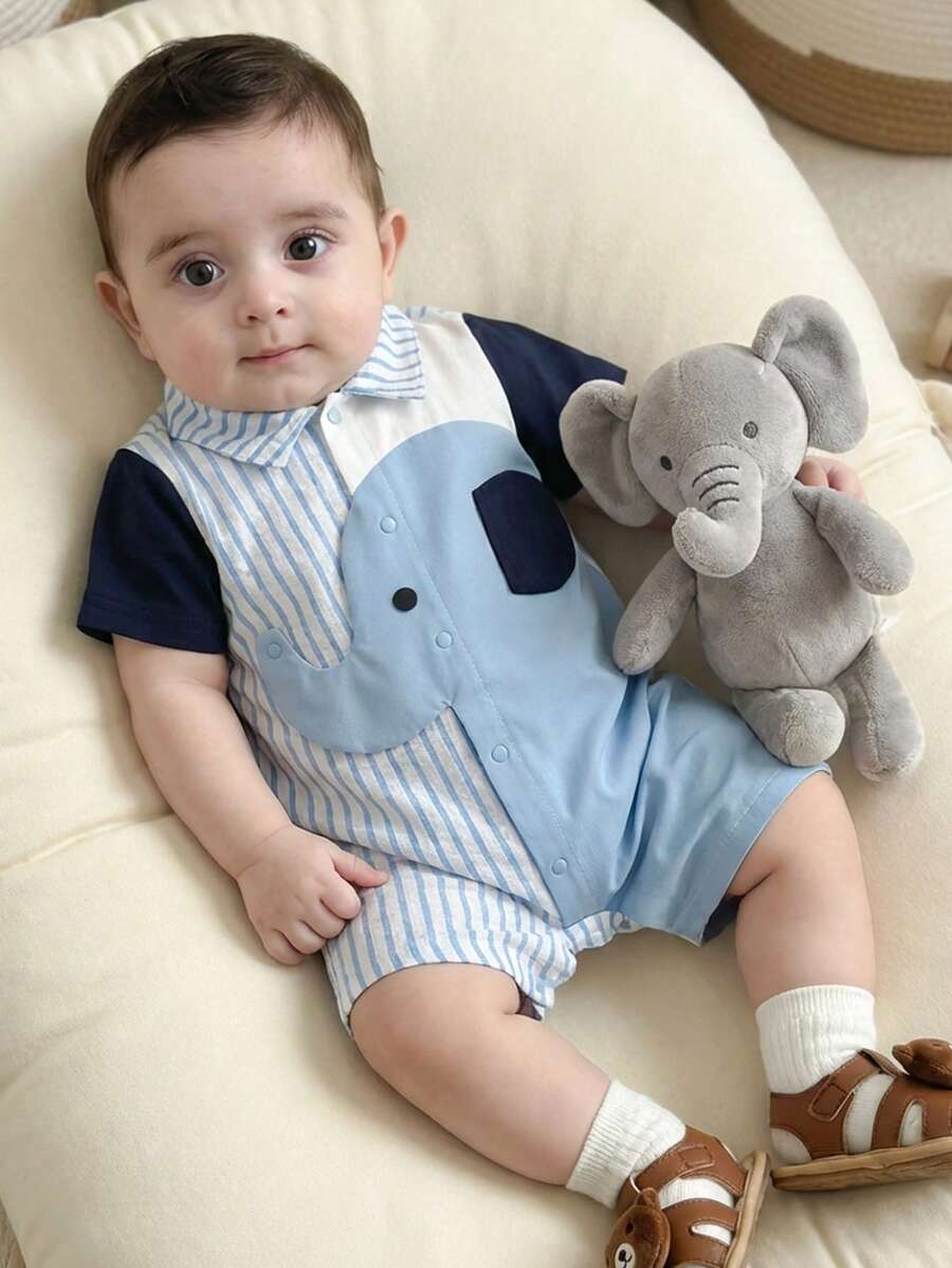 SHEIN Unisex Newborn Baby Boy/Girl Colorblock Blue Striped Cute Elephant Print Short Sleeve Romper,Spring/Summer Boy Clothes Outfit Stripes - Blue - View 1