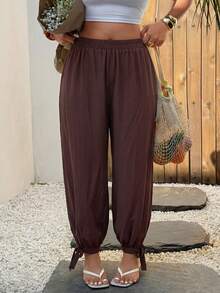 Modelyn Plus Size Women's Elegant Casual Cinched Waist Loose Harem Pants, Solid Color, Spring/Summer - Brown - View 4