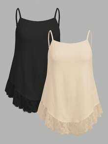 SHEIN EZwear 两件套休闲简约蕾丝性感黑色和杏色加大码吊带背心套装，适合春夏穿着 - 彩色 - 查看 1