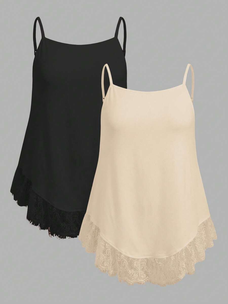 SHEIN EZwear 两件套休闲简约蕾丝性感黑色和杏色加大码吊带背心套装,适合春夏穿着 - 彩色 - 查看 1