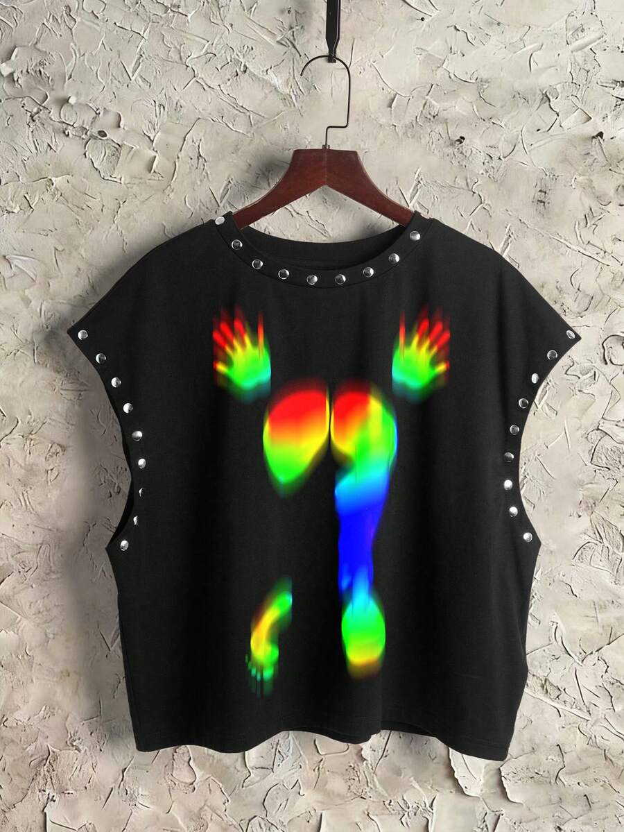 Manfinity ZONE917 箱型宽松短款水钻印花性感动感黑色吊带背心 - 黑色 - 查看 1