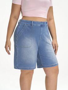 Flexra 大码女式休闲百搭日常牛仔短裤，带口袋 - 藍色 - 查看 5