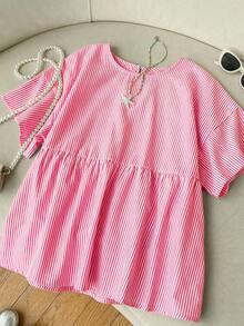 SHEIN EZwear Áo sơ mi nữ tay ngắn cổ tròn kẻ sọc đỏ trắng, kiểu dáng thường ngày, thích hợp cho mùa hè. - Đỏ và trắng - Xem 9