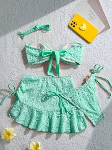 Swim Mod Set de 3 piezas: Top corto de tirantes finos, Bottom de triángulo con lazos laterales y minifalda con volantes y cordón - Azul - Ver 2