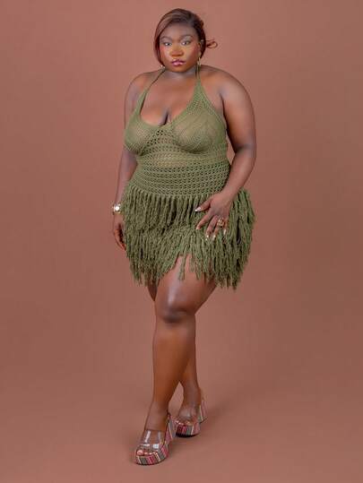 CurvyTilda 大码女式节日针织纹理面料流苏露背迷你连衣裙，性感派对约会海滩度假夏季服装，适合节日约会、下午茶、婚礼季节、海滩游轮度假、城市公路旅行度假、波西米亚风度假、音乐节