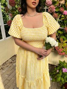 Lyrianda Vestido casual de vacaciones de manga corta a cuadros verdes para mujer de talla grande - Amarillo - Ver 5