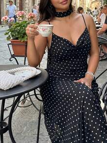 GalTyme Plus Size Black Polka Dot Spaghetti Strap Dress, Summer - Black - View 8