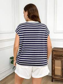 Levarali Plus Size Summer Casual Brown Bow Decor T-Shirt Gym - Blue and White - View 2