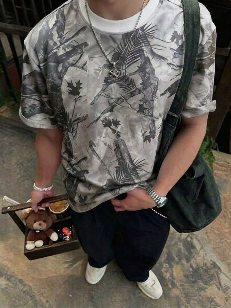 STYNVO 男士休闲树叶印花圆领短袖T恤，夏季 - 淺灰色 - 查看 1