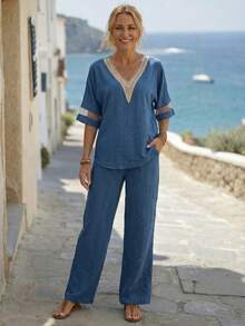 EMERY ROSE Conjunto de camisa de manga larga y pantalones de pierna ancha para mujer en otoño - Azul - Ver 6