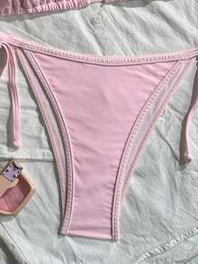 Swim Mod 女士两件套纯色甜美可爱露背系带裤侧系带沙滩度假休闲派对比基尼套装 - 粉色 - 查看 5