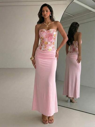 Aloruh Women's Floral Print Strapless Elegant Waist Cinched Long Party Dress