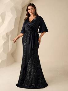 Đầm dạ hội dáng đuôi cá, tay xòe, eo xếp ly, chất liệu satin đính sequin đen. - màu đen - Xem 3