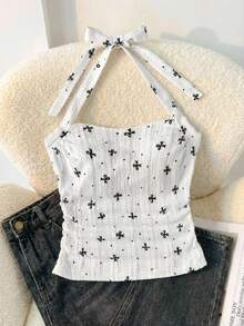 SHEIN Tween Girl Knit Printed Halter Waist Ruched Fitted Fashionable Camisole, Suitable For Spring/Summer Seasons, Party, Afternoon Tea, Carnival, Beach Cruise - White - View 6