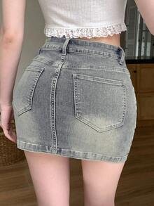 DAZY 拉链门襟紧身牛仔裙夏季牛仔裙 - 中等水洗藍 - 查看 6