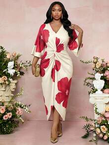 Fleurora 大码女式碎花V领七分袖扭腰优雅连衣裙 - 彩色 - 查看 4