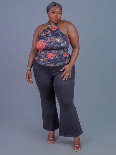 CurvyTilda 加大码 Y2K 夏季外出波西米亚风西部乡村音乐会女式性感露背花卉印花挂脖上衣，夏季