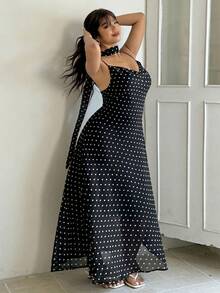 GalTyme Plus Size Black Polka Dot Spaghetti Strap Dress, Summer - Black - View 6