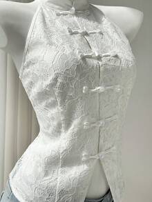 Elamini Áo kiểu nữ màu trắng cổ tàu cài cúc không tay ren khoét lỗ, gợi cảm và thời trang theo phong cách Âu Mỹ, kiểu Trung Hoa mới cho mùa hè. - trắng - Xem 5