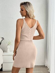 EMERY ROSE Vestido de suéter de mujer elegante y ajustado con textura perforada, para primavera/verano - Albaricoque - Ver 2
