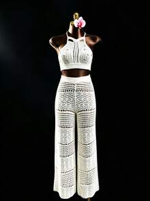 Swim SXY 女士优雅度假风串珠吊带针织上衣，搭配镂空阔腿裤 - 白色 - 查看 5