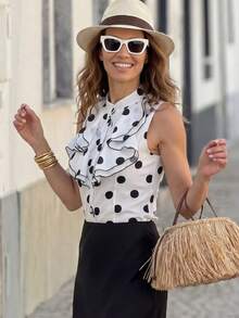 Solivie 女士立领无袖波点荷叶边下摆夏季时尚衬衫 - 黑與白 - 查看 1