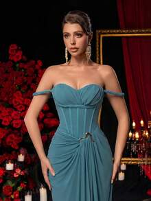Glamrae Đầm dạ hội thanh lịch, chất liệu lưới co giãn cao cấp, kiểu dáng trễ vai, đính dây thừng và chi tiết kim loại phân đoạn bất đối xứng, thích hợp cho mọi dịp trang trọng. - Màu xanh ngọc - Xem 6
