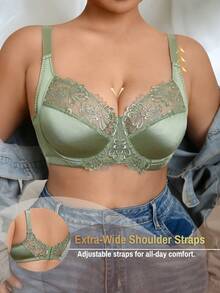 DesireSculpt 1pc Plus Size Solid Color Ultrafine Mesh Lace Soft Embroidered Underwire Bra - Olive Green - View 4