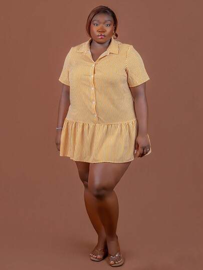 CurvyTilda 大码女式休闲条纹印花短款连衣裙