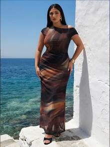 SHEIN BAE Vestido de punto largo con hombro asimétrico y teñido anudado para mujer de talla grande - Multicolor - Ver 9