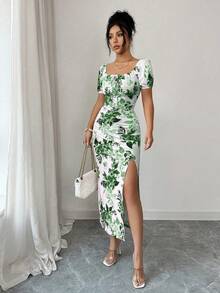 Vestido floral de cuello cuadrado, mangas de pétalo, cintura ceñida y ajustado para mujer, primavera/verano - Verde - Ver 5