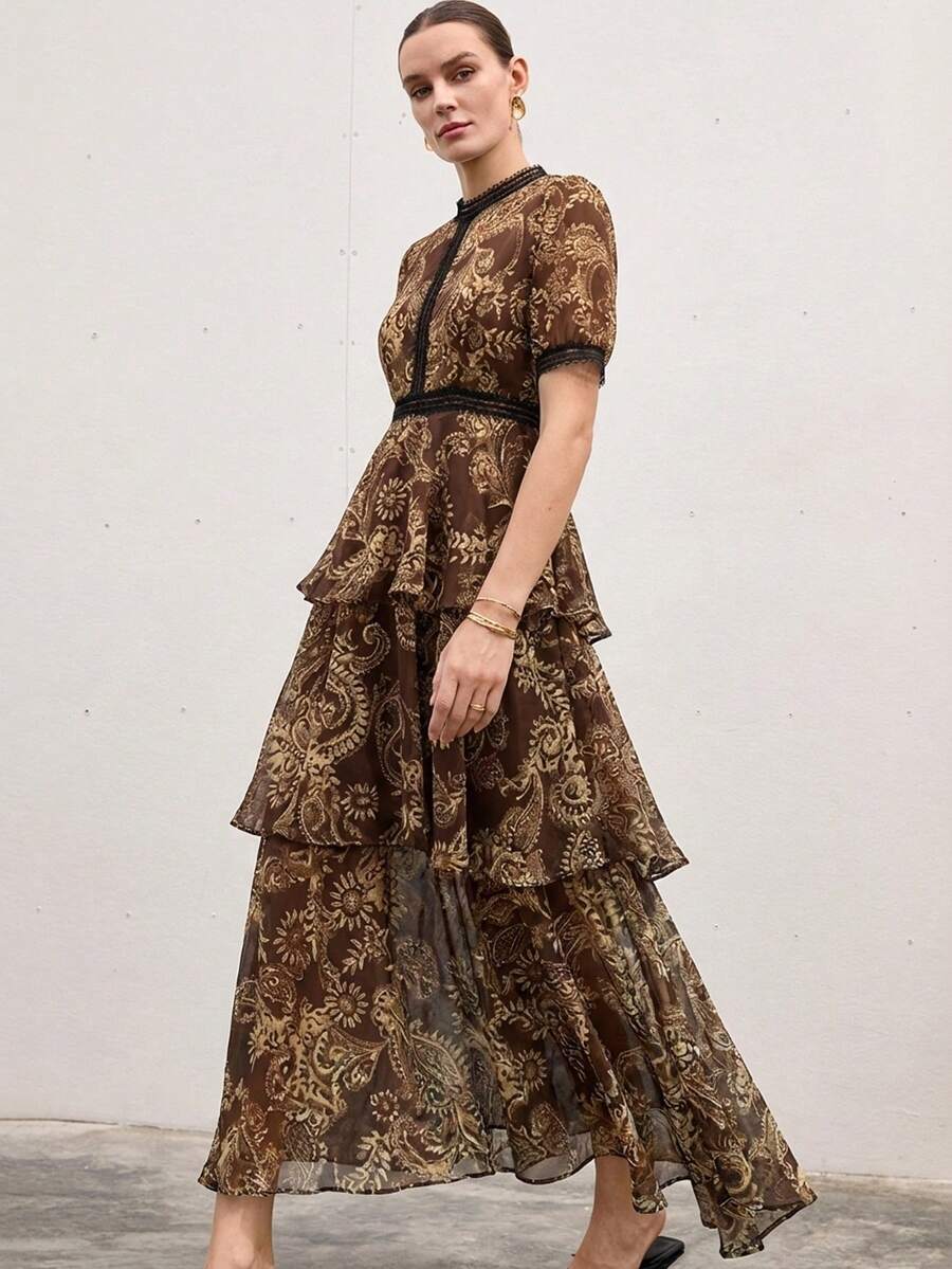 Aveloria Modichic New Arrival French Hollow Floral Lace Patchwork Multi-Layer Flared Dress, Chiffon Printed Short Sleeve Dress - Brown - View 1