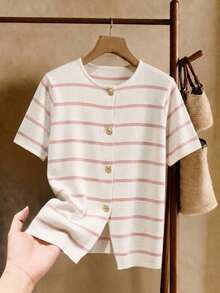 Elaquor Plus Size Front Button Striped Print Casual Short Sleeve Knit Top - Multicolor - View 8