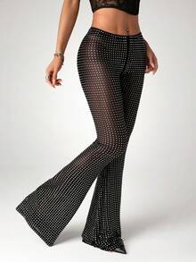 SHEIN ICON Women's Sexy Rhinestone Elastic Sheer Long Pants - Black - View 4