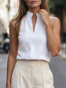 Balvessa Women V-Neck Sleeveless Textured Tank Top - White - View 3